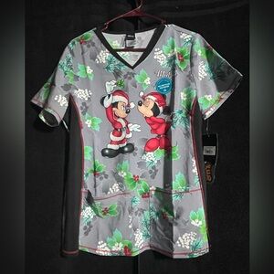 NWT Disney Festive Mickey and Minnie Gray Scrub Top